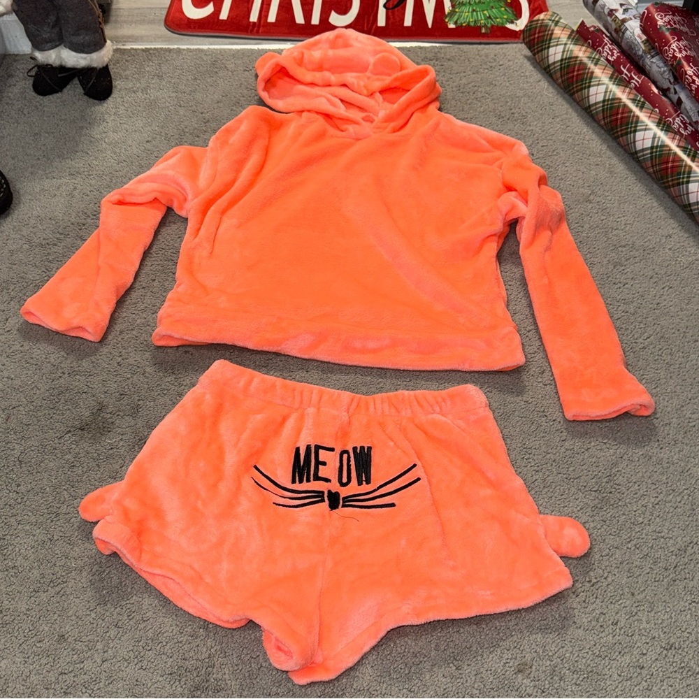 Women's 2 Pc Matching Orange Fleece Comfy Pajama Set Size M 🧡